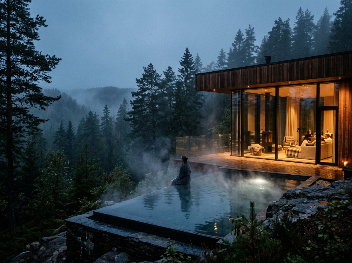 Villa Kairos glass villa in misty pine forest with thermal pool